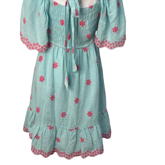 Easel Embroidered Smocked Tie Back Cotton Blue Ruffle Dress Small A Line Boho - Picture 13 of 14